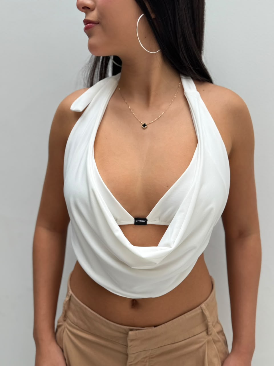 Blusa reid duo top triangulo drapeado corta - Marfil