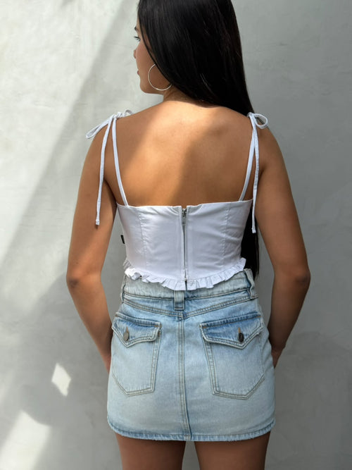 Blusa Agustina croptop con bolerito en borde dobladillo frente y tira de amarre en moño - Blanco