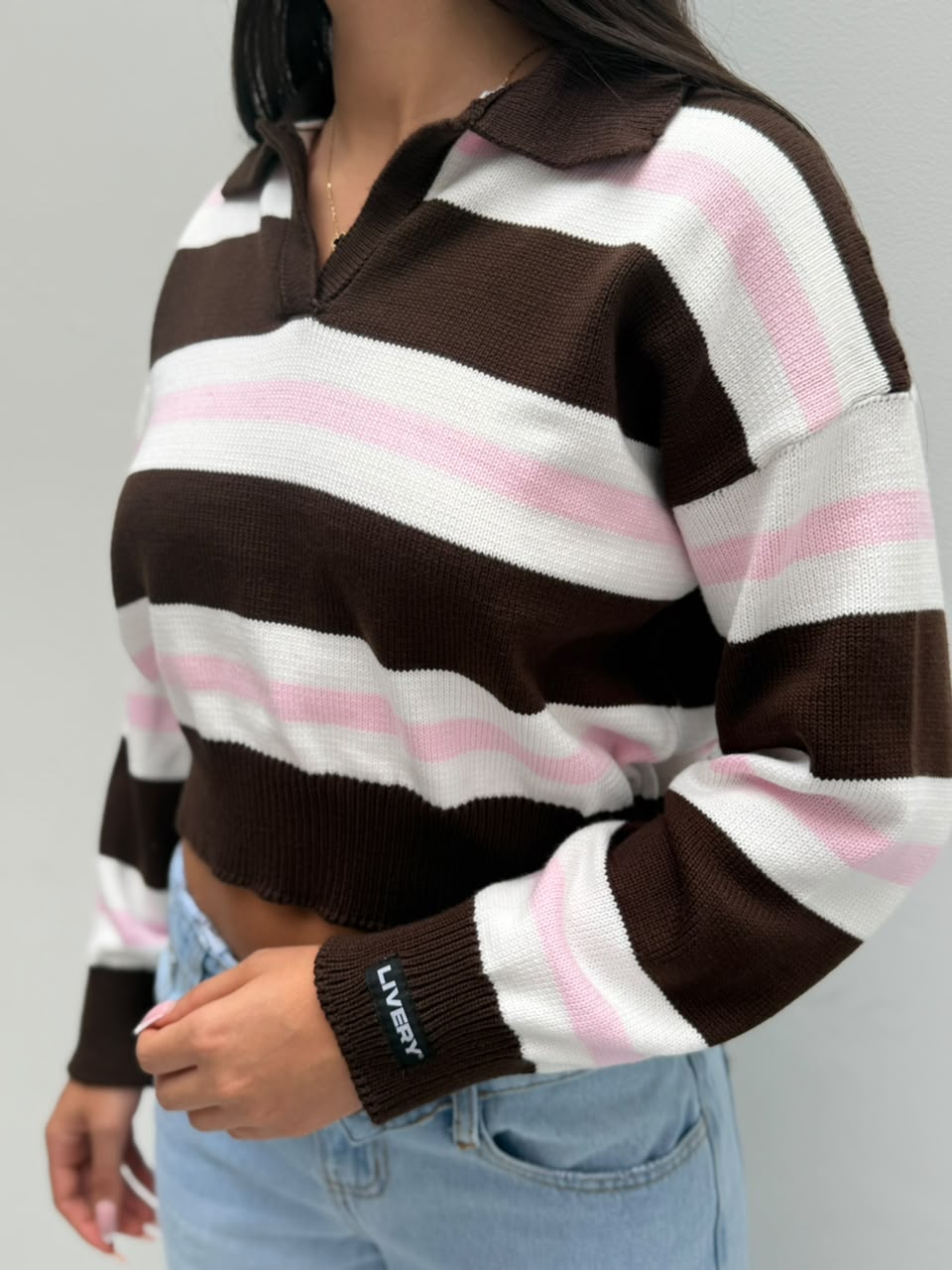 Blusa Kovers tejido con cuello y rayas - Rosado