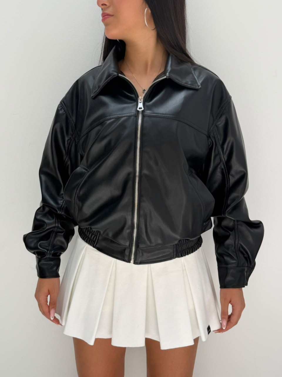 Chaqueta Syndey cuerina oversize con cuello - Negro
