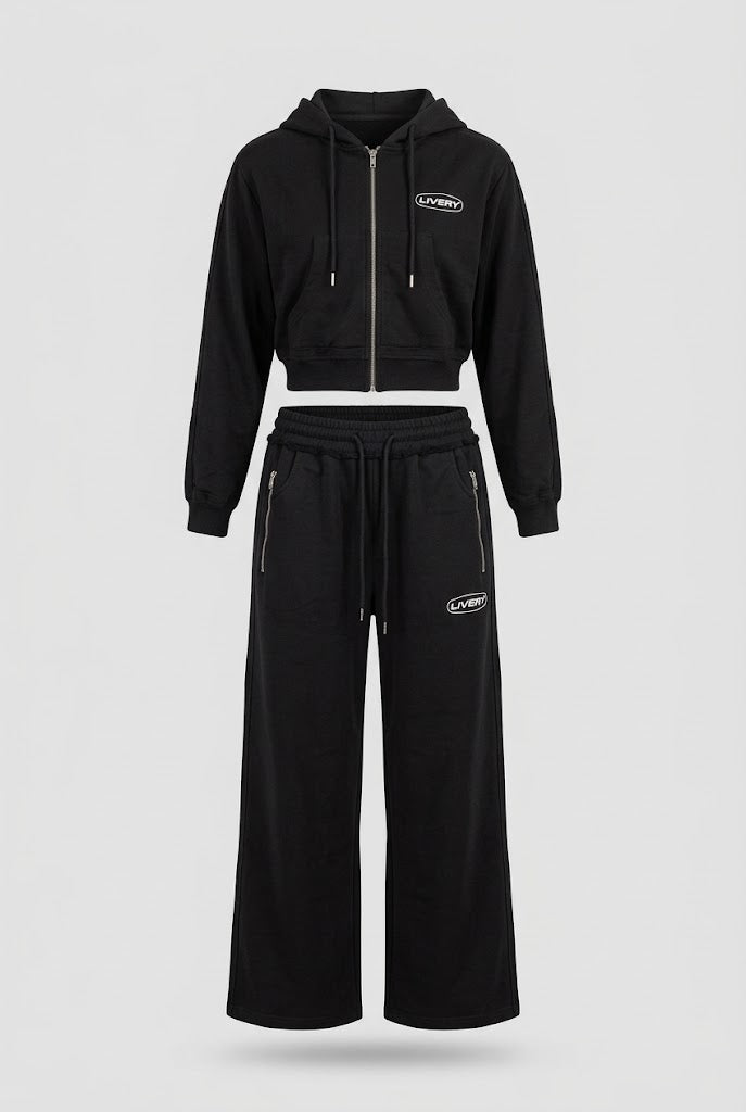 Conjunto Lex chompa con cierre + sudadera borde doble - Negro