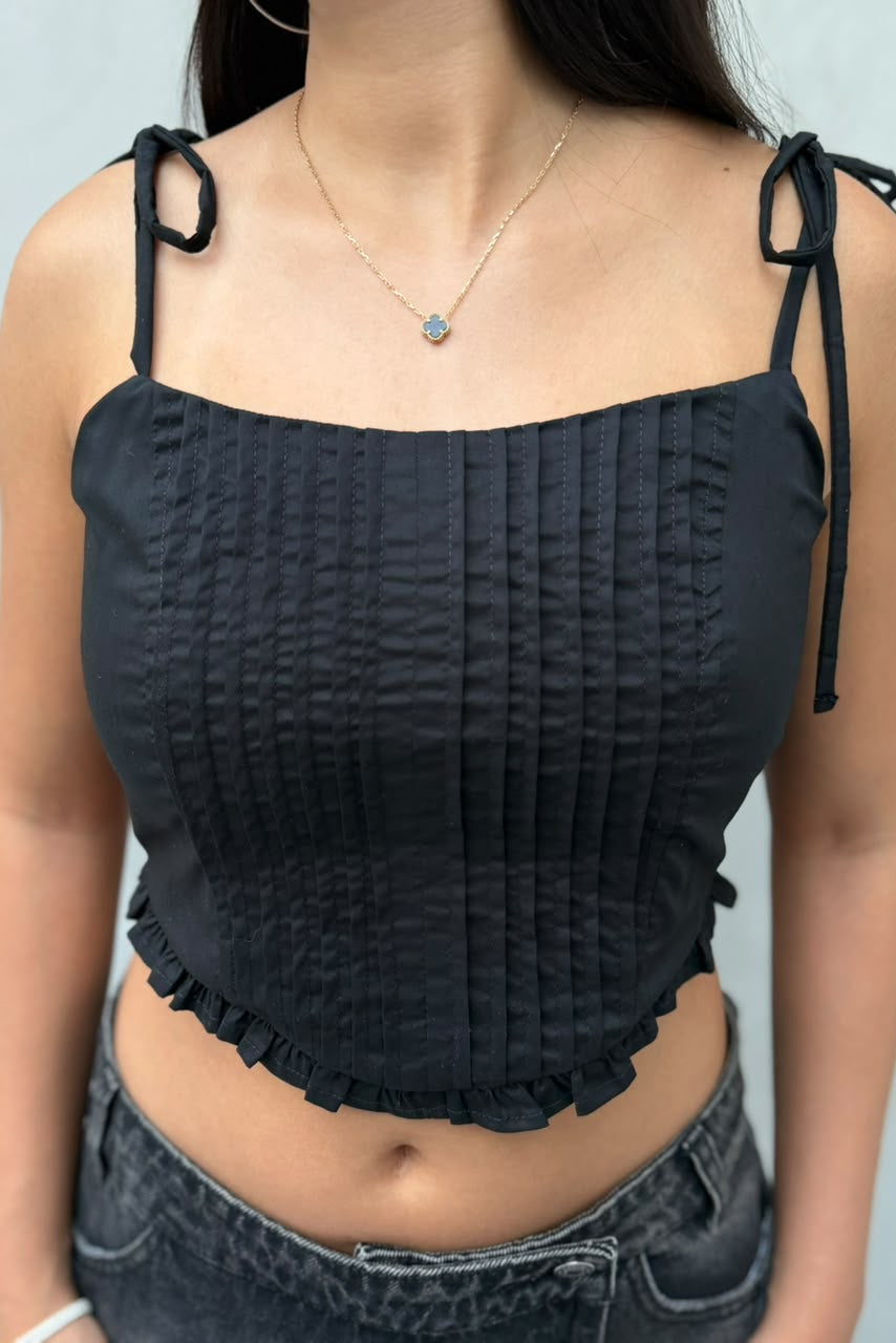 Blusa Agustina croptop con bolerito en borde dobladillo frente y tira de amarre en moño - Negro