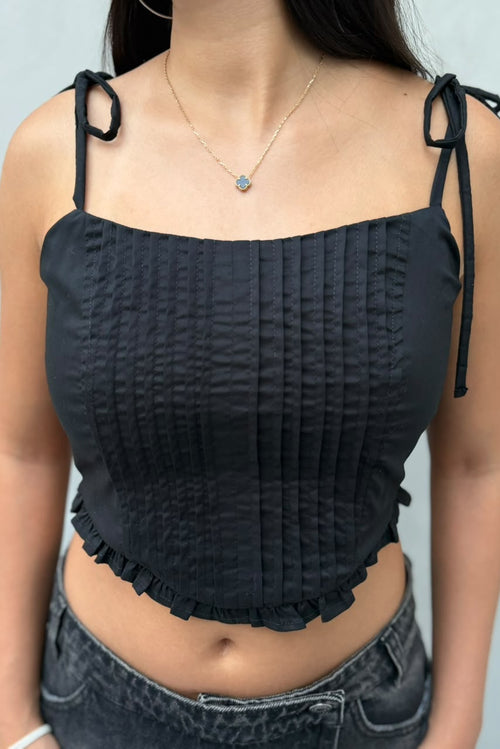 Blusa Agustina croptop con bolerito en borde dobladillo frente y tira de amarre en moño - Negro