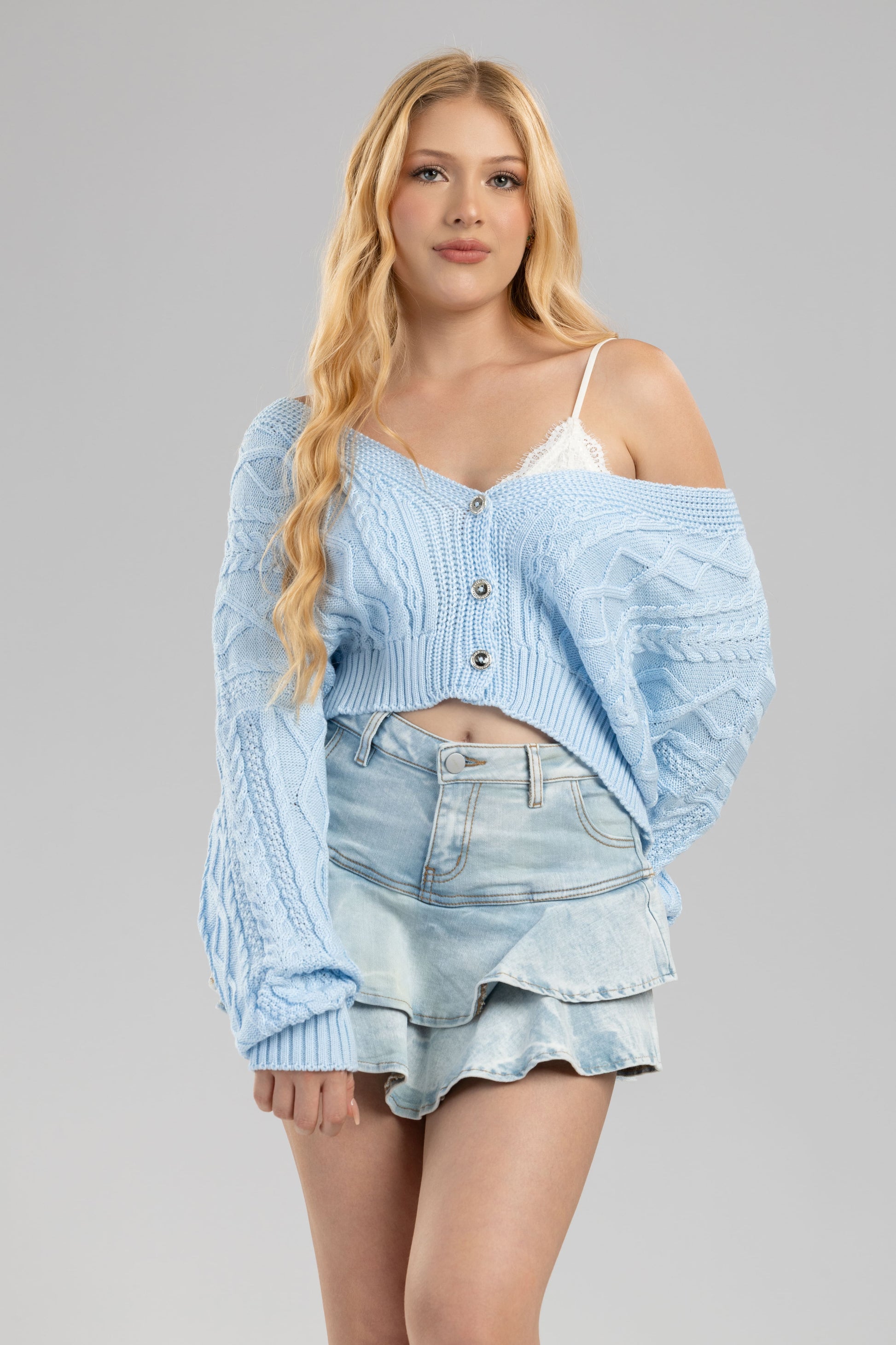 Blusa hada tejida con botones cuello v - Azul claro