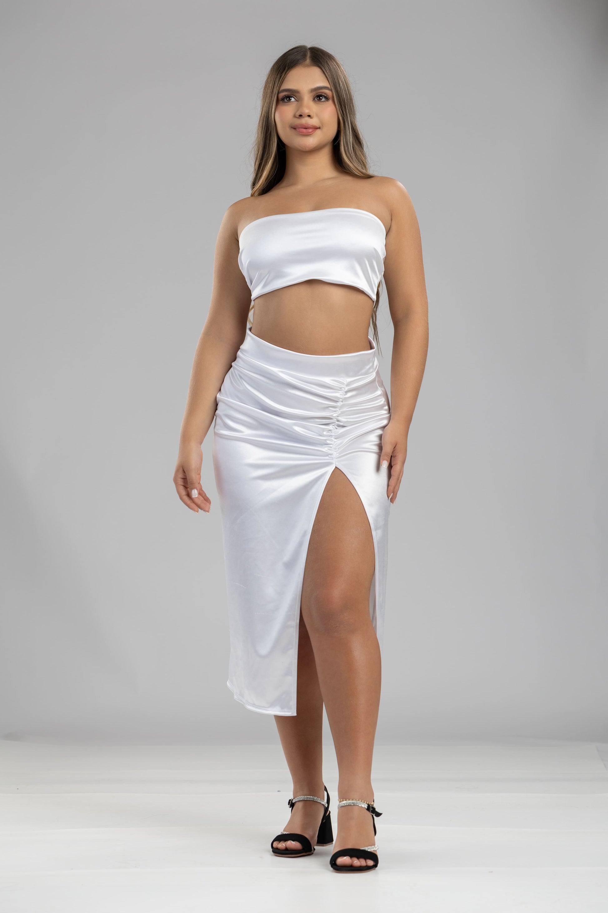 Set crystal straple + falda larga abertura - Blanco