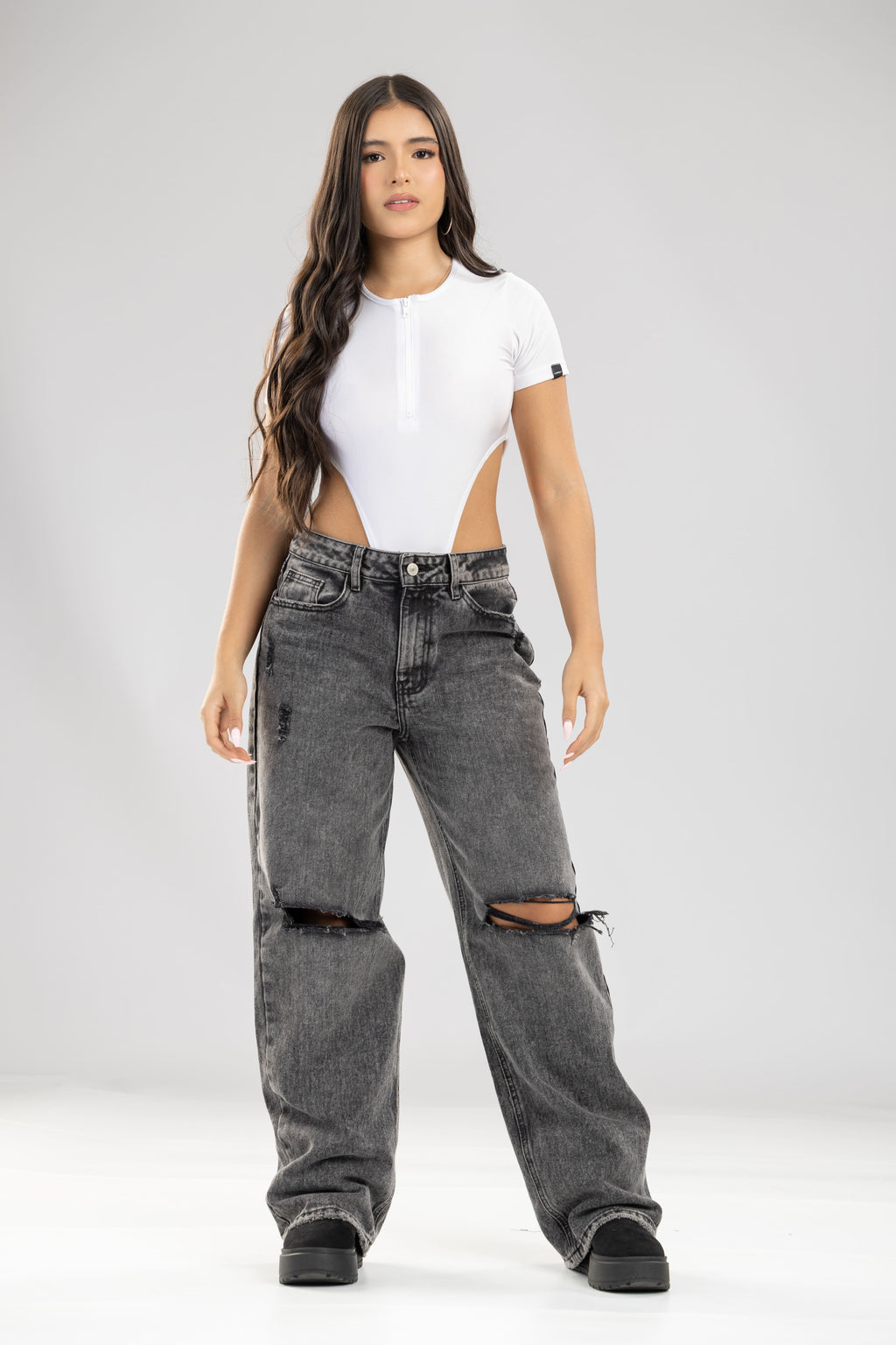 Jean Broken coal rotos rodillas fit - Gris humo
