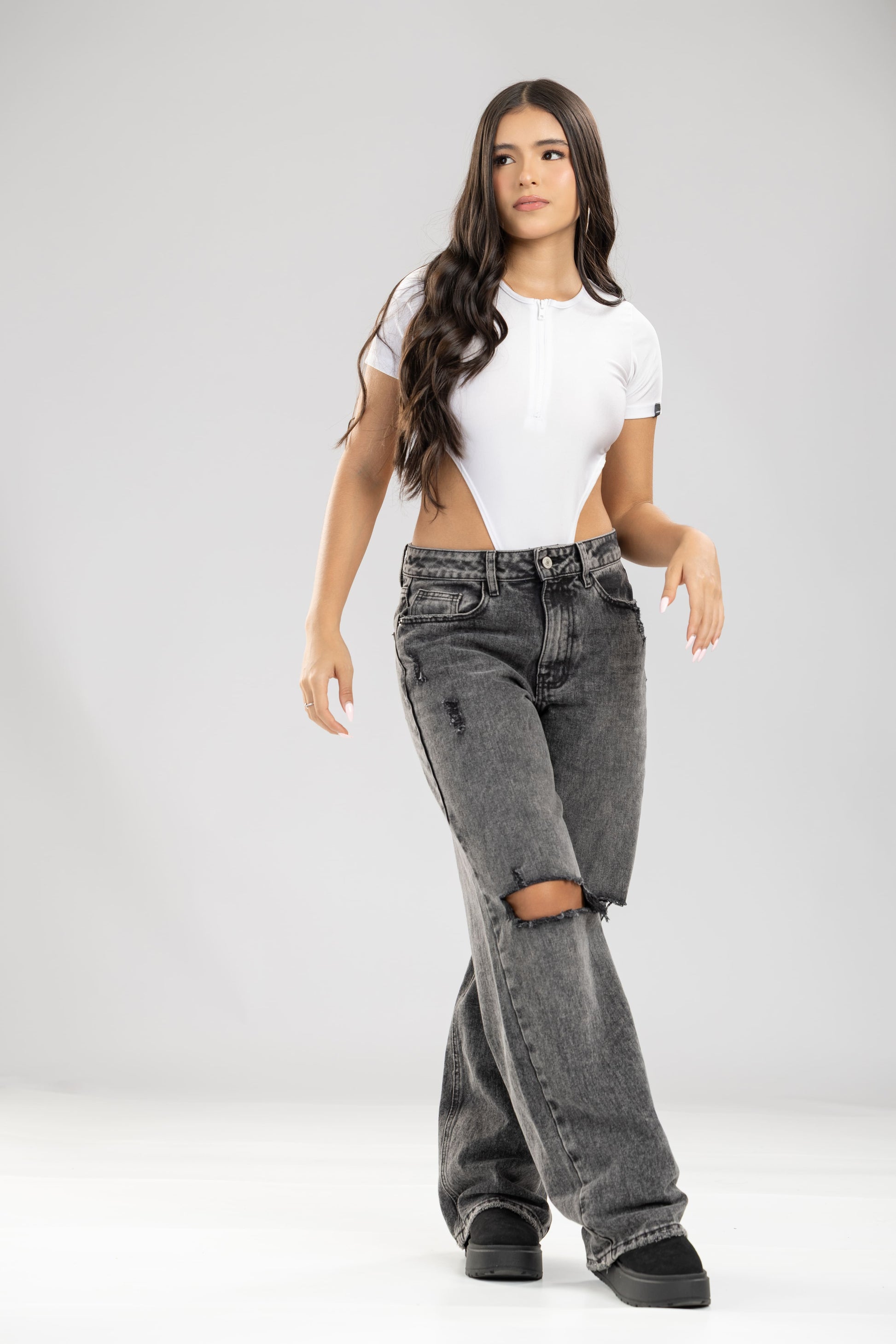 Jean Broken coal rotos rodillas fit - Gris humo