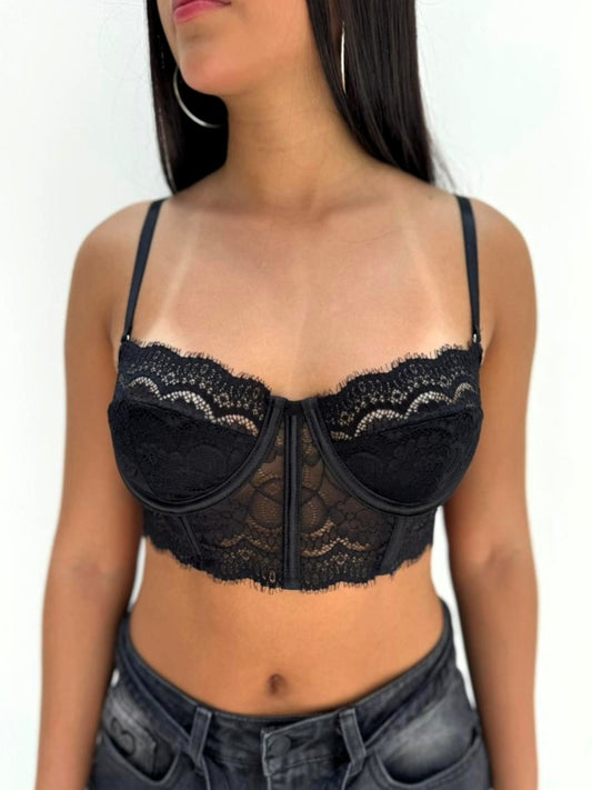 Blusa Flora corset blonda - Negro