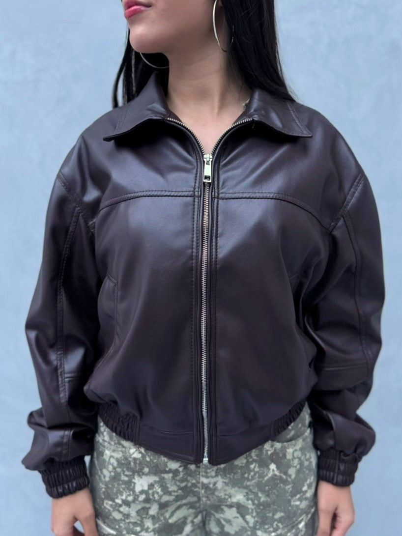 Chaqueta STYLAR cuerina cuello Oversize  - Cafe