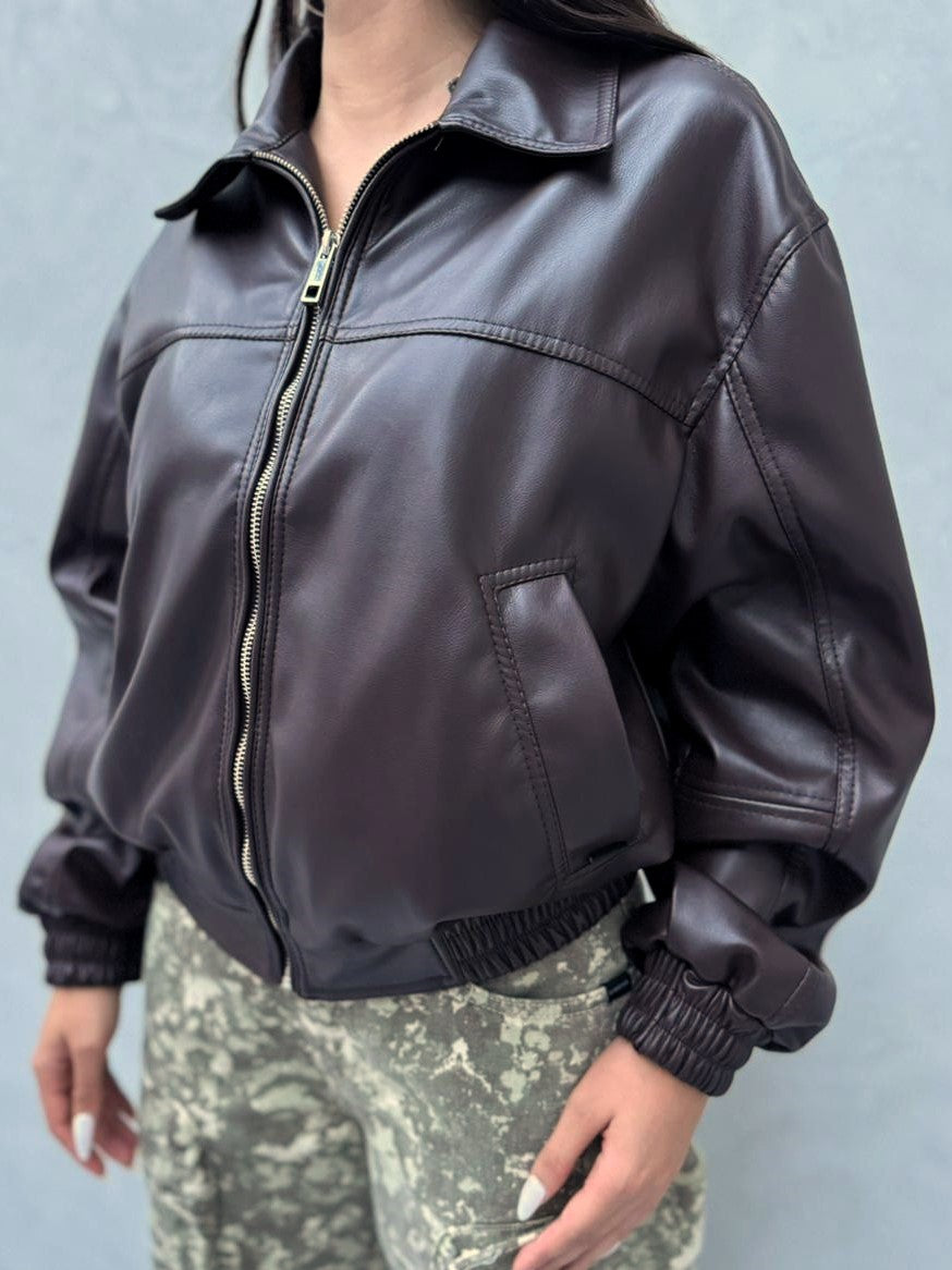 Chaqueta STYLAR cuerina cuello Oversize  - Cafe