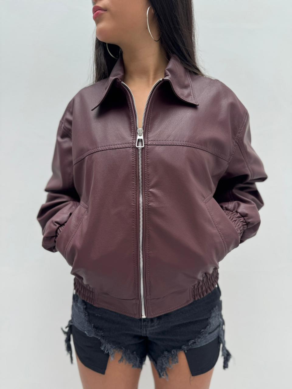 Chaqueta STYLAR cuerina cuello Oversize  - Vino