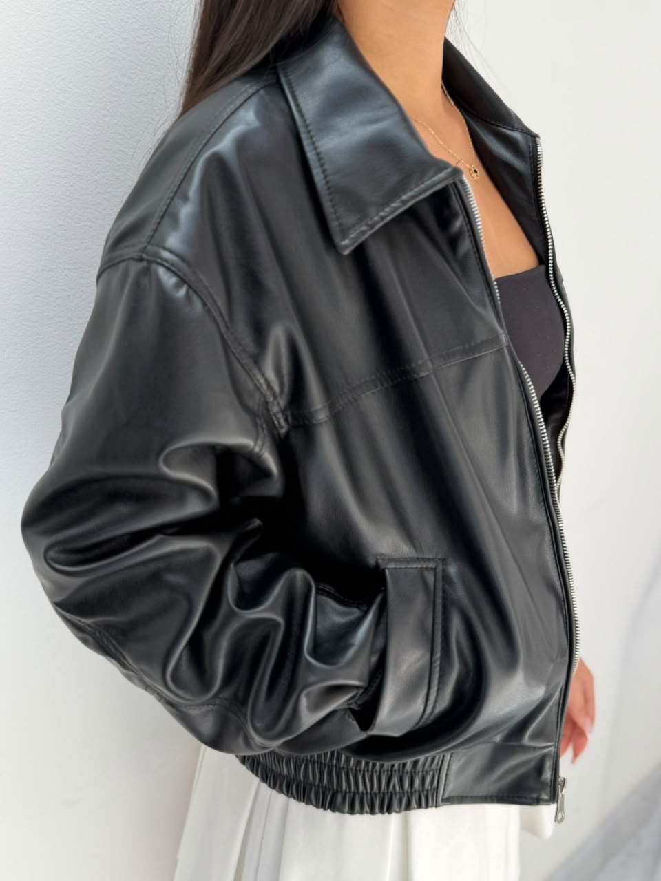 Chaqueta Syndey cuerina oversize con cuello - Negro
