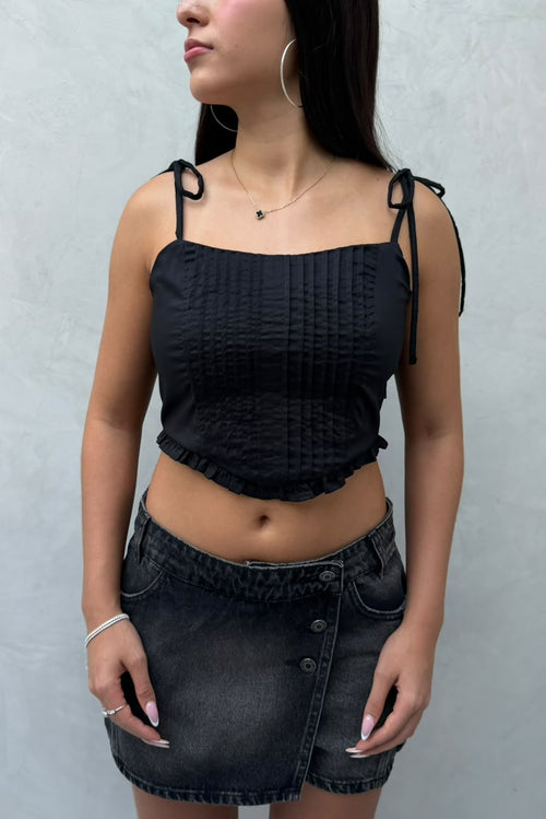 Blusa Agustina croptop con bolerito en borde dobladillo frente y tira de amarre en moño - Negro