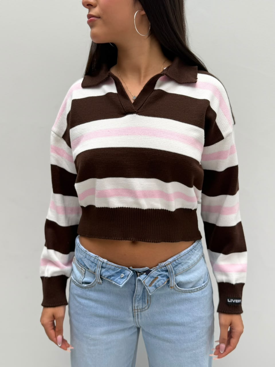 Blusa Kovers tejido con cuello y rayas - Rosado