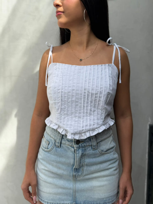 Blusa Agustina croptop con bolerito en borde dobladillo frente y tira de amarre en moño - Blanco