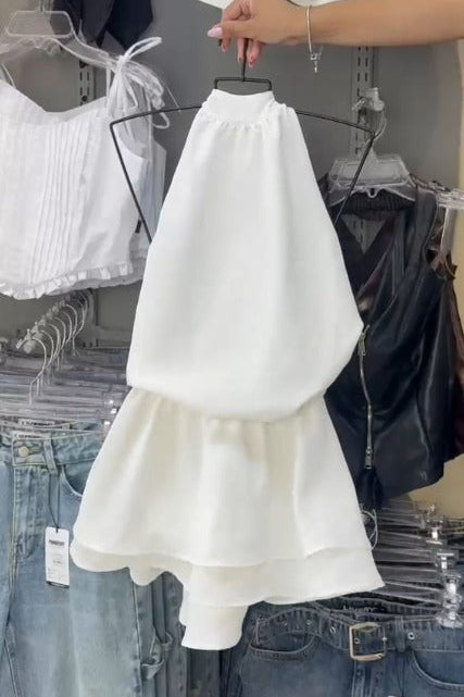 Vestido Aria cuello alter falda boleros espalda destapada - Blanco