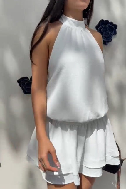 Vestido Aria cuello alter falda boleros espalda destapada - Blanco