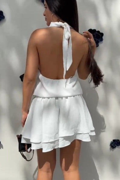 Vestido Aria cuello alter falda boleros espalda destapada - Blanco