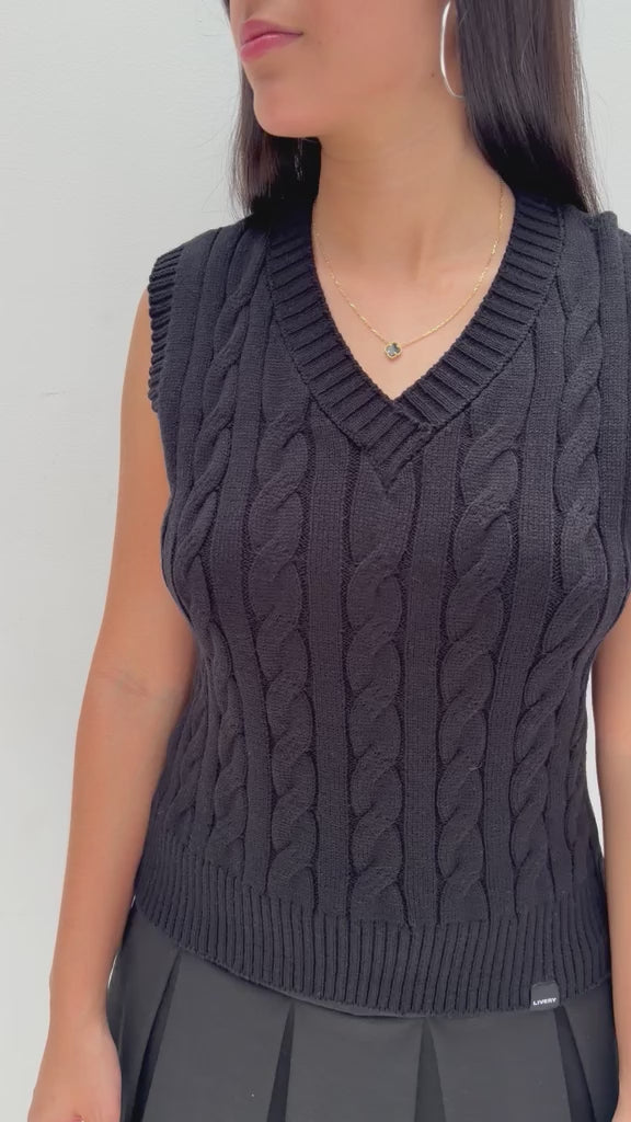 Blusa Brook chaleco tejido cuello v-triple trenza - Negro